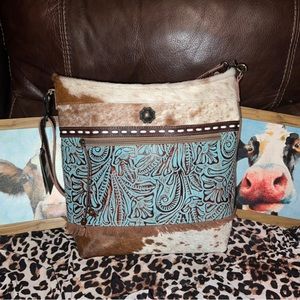 Myra shoulder bag hand tooled leather, hairon and turquoise